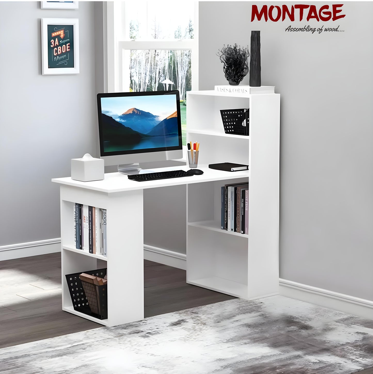 Wooden Study Table with 1 Open Book Shelf Eng. Wood Multipurpose Table