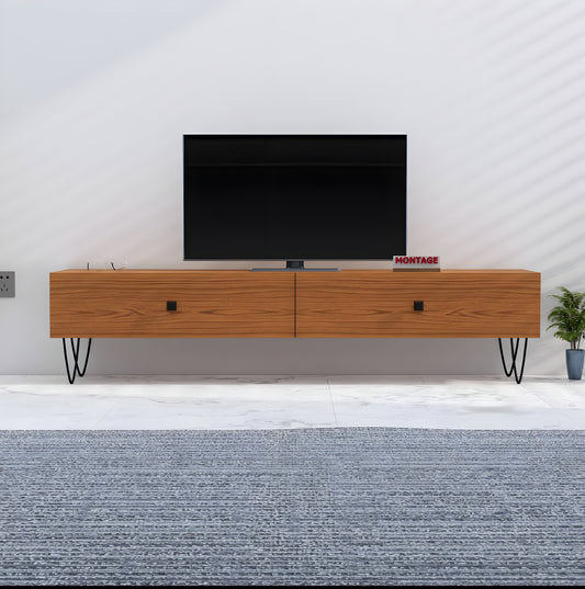 LED TV Cabinet Natural Teak 65 Inch for Living Room with Drawer Storage Engineered Wood
